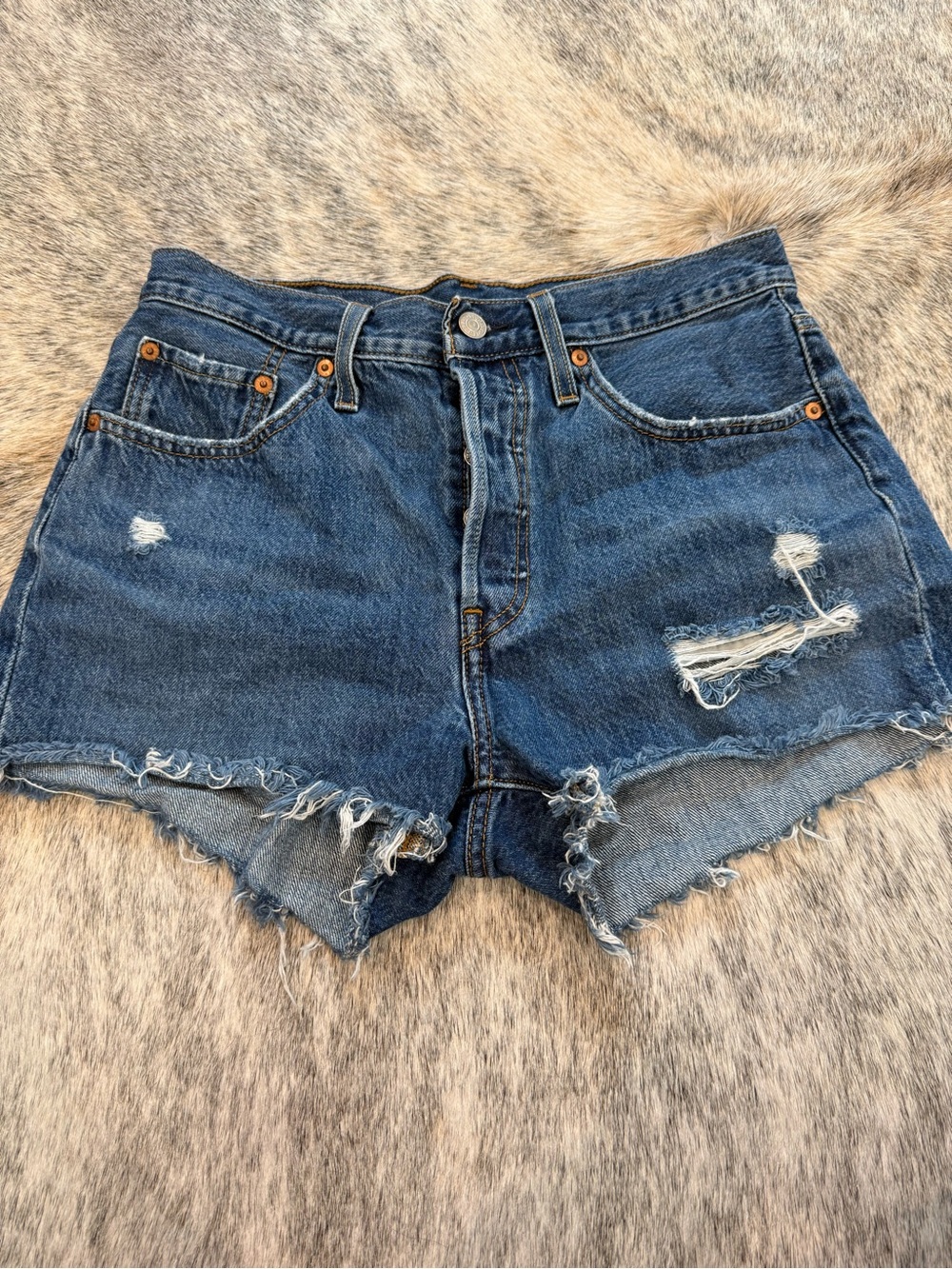 Levi's 501 Distressed Dark Blue Denim Jean Shorts